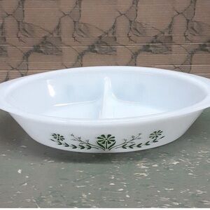 Vintage Glasbake green daisy Primrose Dream Divided Oval Casserole Dish …